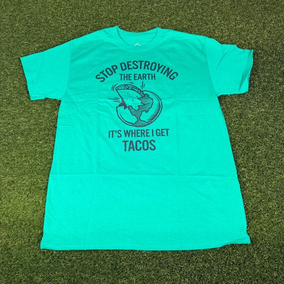 Well Worn Other - Well Worn Stop Destroying The Earth Tacos Graphic T-Shirt Teal Green Small